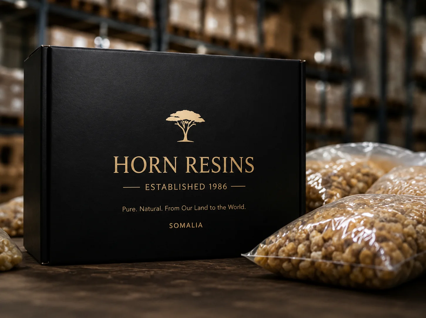 Horn Resins branded export carton, established 1986, beside bagged frankincense in the Bosaso warehouse