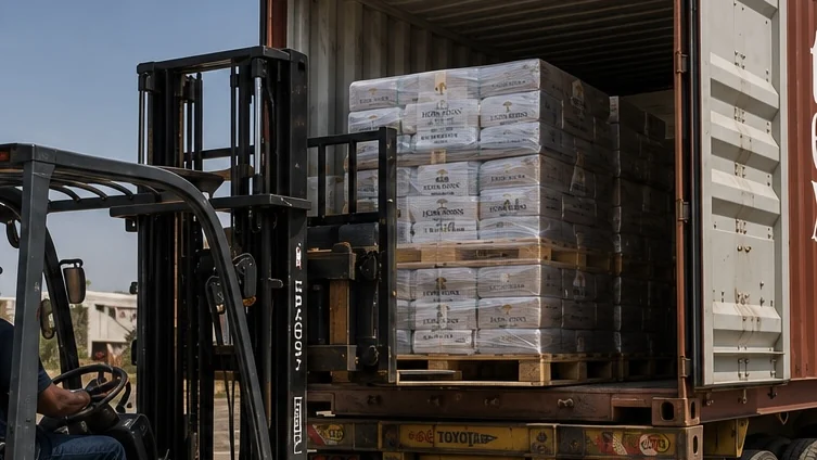 Palletised Horn Resins export sacks being loaded into a shipping container at Bosaso
