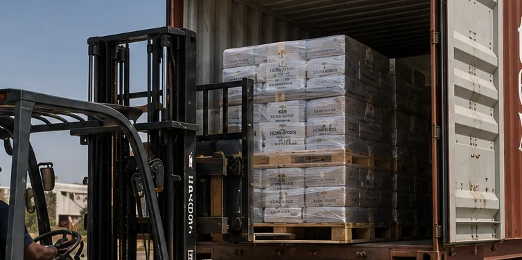 Palletised Horn Resins sacks being loaded into a shipping container at Bosaso