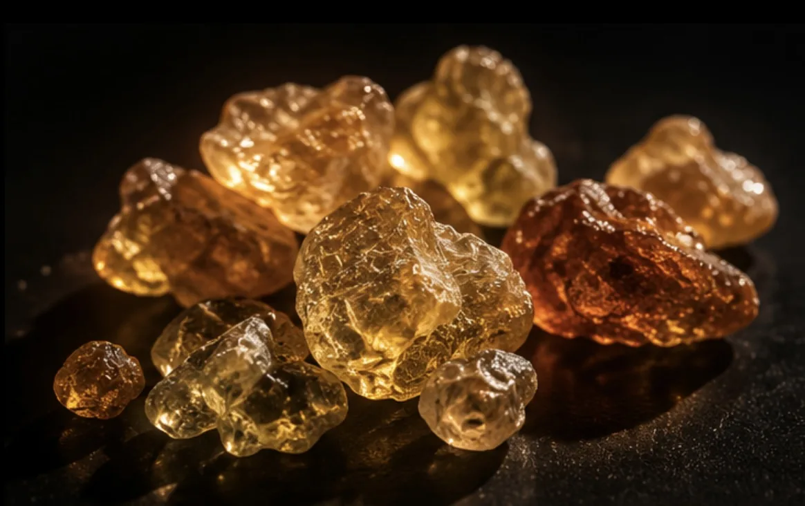 Amber Beeyo frankincense tears, Boswellia carterii, in macro detail